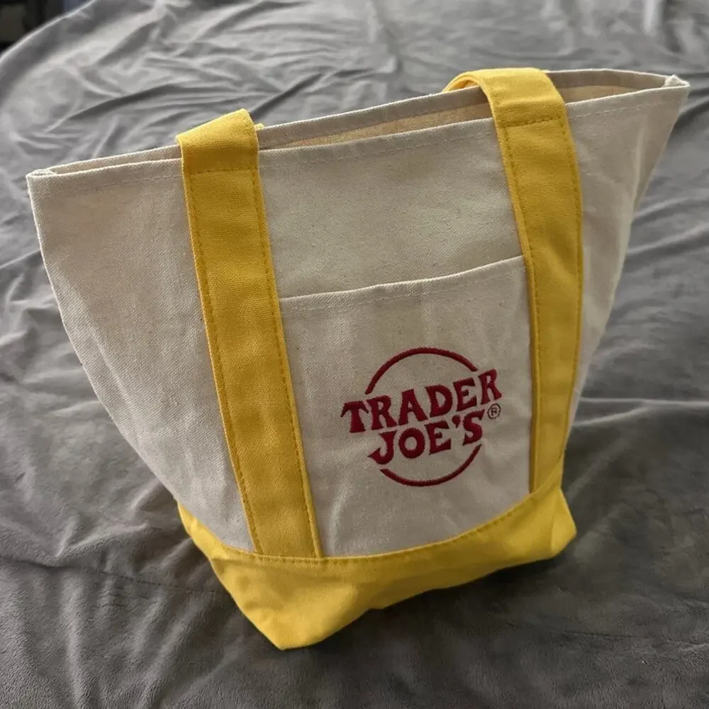 Trader Joes Mini Tote Canvas Yellow Trim Logo Graphic Double Handles Grocery